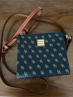 Dooney & Bourke Navy Logo Crossbody with Brown Leather Strap